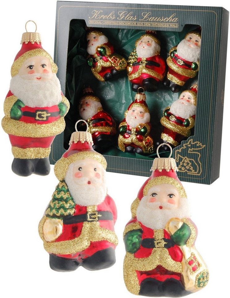 Krebs Glas Lauscha Christbaumschmuck Weihnachtsmänner, Weihnachtsdeko rot, Christbaumschmuck (6-tlg), mit goldfarbenem Glitter dekoriert, mundgeblasen von Krebs Glas Lauscha