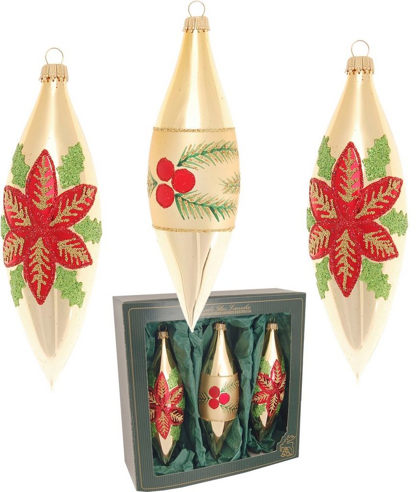 Krebs Glas Lauscha Christbaumschmuck Weihnachtsstern & Beeren, in Olivenform (3-tlg), Weihnachtsdeko, Christbaumkugeln aus Glas, Weihnachtsbaumkugel von Krebs Glas Lauscha