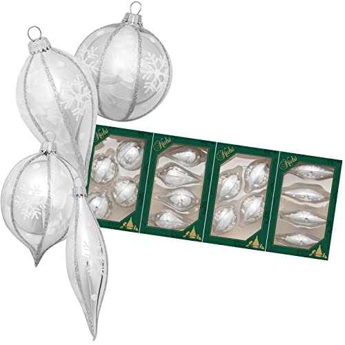 Krebs Glas Lauscha Christbaumschmuck aus Glas - 4er Set Silberne Kugeln & Tropfen mit Schneeflocken - Größe ca. 10 cm - 16 Stück Krebs Glas Lauscha Christbaumschmuck aus Glas - 4er Set Silberne Kugeln & Tropfen mit Schneeflocken - Größe ca. 10 cm - 16 Stück von Krebs Glas Lauscha