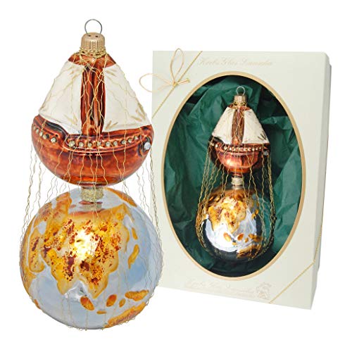 Krebs Glas Lauscha - Christbaumschmuck aus Glas - Doppelform Segelschiff mit Weltkugel & Draht - Größe ca. 18 cm - Made in Germany von Krebs Glas Lauscha