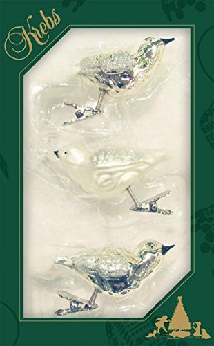 Krebs Glas Lauscha - Christbaumschmuck aus Glas - Vögel in Silber/Satin auf Clip - Größe ca. 11 cm - 3 Stück von Krebs Glas Lauscha