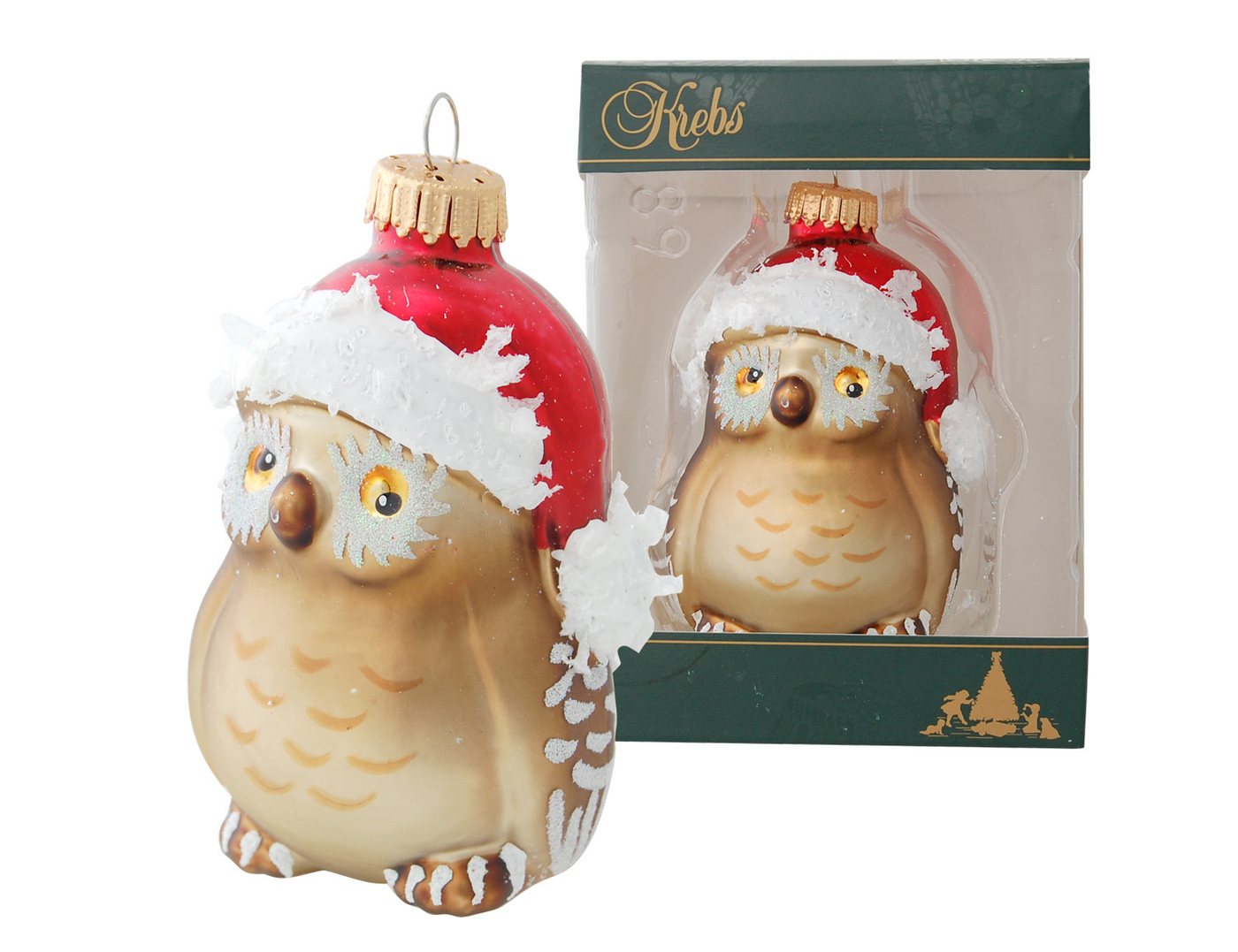 Krebs Glas Lauscha Christbaumschmuck entzückender Glasanhänger - Eule mit Weihnachtsmütze - ca. 9 cm, niedliche, verspielte Dekoration mit natürlichem Flair für den Baum von Krebs Glas Lauscha