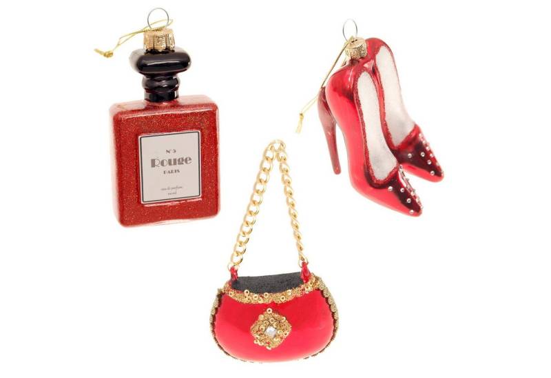 Krebs Glas Lauscha Christbaumschmuck Set Lady in Red (High Heels 9cm, Handtasche 6cm, Parfümflasche 9c (3-tlg) von Krebs Glas Lauscha