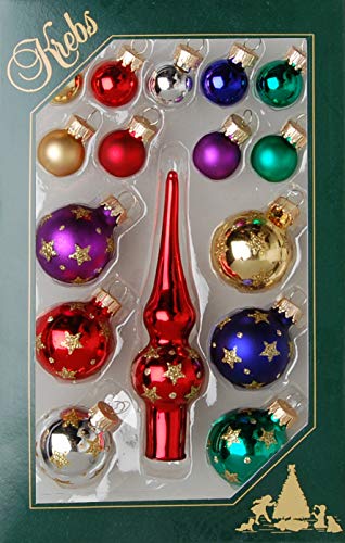 Krebs Glas Lauscha – Mini Deko Set 16 teilig – Glasschmuck Kugeln + Spitze – Weihnachten Baumschmuck Weihnachtsbaumschmuck Christbaumschmuck – Multicolor von Krebs Glas Lauscha