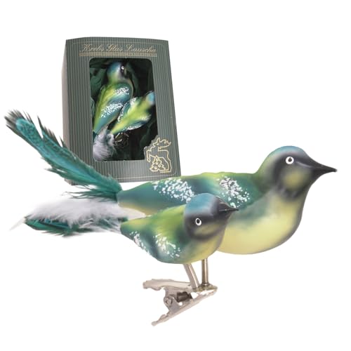 Krebs Glas Lauscha - Weihnachstdekoration/Christbaumschmuck aus Glas - Glasvogel - Motiv: Doppelvogel Blaumeise mit Echtfedern - Farbe: Grün - Größe: 7 cm - Made in Germany von Krebs Glas Lauscha
