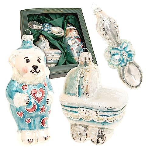 Krebs Glas Lauscha - Weihnachtsbaumanhänger aus Glas - My First Christmas Set - Menge: 3 Stück - Motive: Bär, Kinderwagen und Löffel - Farbe: Blau - Größe: 12-16 cm von Krebs Glas Lauscha
