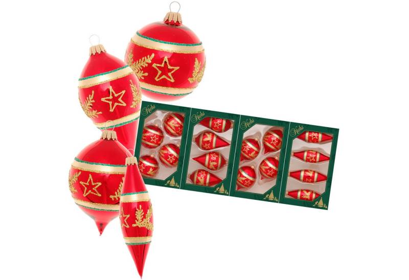 Krebs Glas Lauscha Weihnachtsbaumkugel 4er Boxset - rote Glasformen mit Stern und Tannenast - 4x4 Dekoformen, zum festlichen Dekorieren des Christbaumes - auch für Raum oder Tisch von Krebs Glas Lauscha