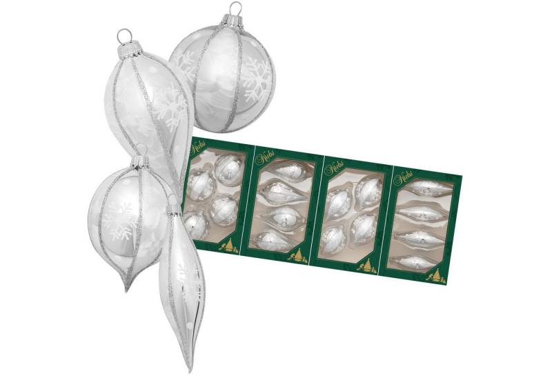 Krebs Glas Lauscha Weihnachtsbaumkugel 4er Boxset - silberne Glasformen mit Schneeflocken - 4x4 Dekoformen, zum festlichen Dekorieren des Christbaumes - auch für Raum oder Tisch von Krebs Glas Lauscha