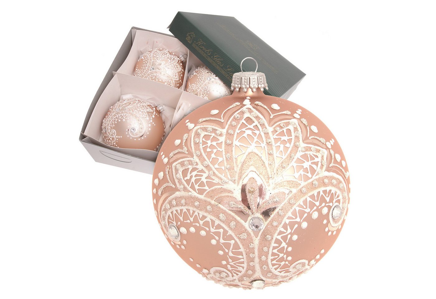 Krebs Glas Lauscha Weihnachtsbaumkugel 4er Set - Pink mit weißer Stichoptik - aus Glas gefertigt - ca. 10cm, elegante Dekoration für Baum oder Strauch - glitzernde, edle Festdeko von Krebs Glas Lauscha