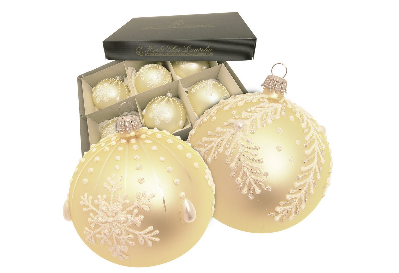 Krebs Glas Lauscha Weihnachtsbaumkugel 6er Set - Floral & Schneeflocke - aus Glas gefertigt - ca. 8cm, edle und funkelnde goldene Kugeln im Winterwald Design für den Baum von Krebs Glas Lauscha