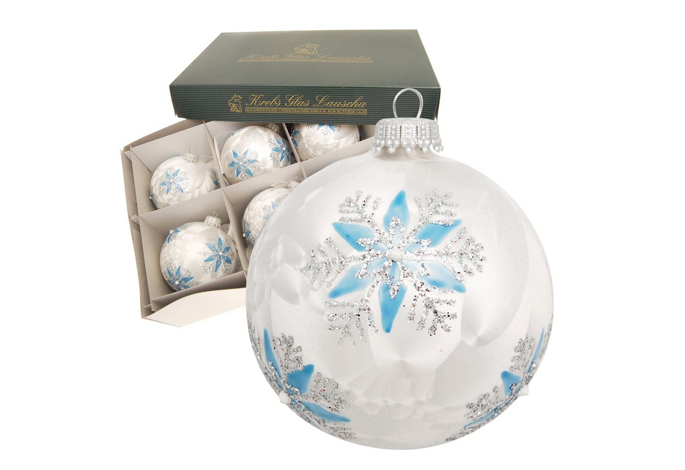 Krebs Glas Lauscha Weihnachtsbaumkugel 6er Set - Glasanhänger - Weiß mit blau/silbernen Eisblumen - ca. 8cm, Weihnachtsdekoration mit funkelnden Details und stilvollen Akzenten Krebs Glas Lauscha Weihnachtsbaumkugel 6er Set - Glasanhänger - Weiß mit blau/silbernen Eisblumen - ca. 8cm, Weihnachtsdekoration mit funkelnden Details und stilvollen Akzenten von Krebs Glas Lauscha