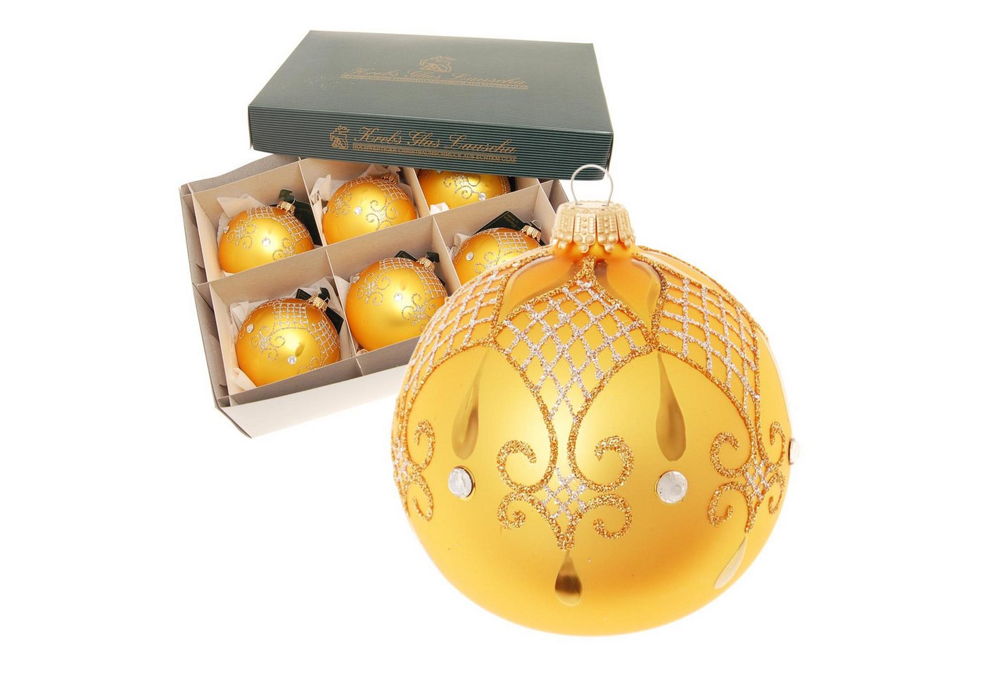 Krebs Glas Lauscha Weihnachtsbaumkugel 6er Set - Midas Xmas - aus Glas gefertigt - ca. 8cm, edle und funkelnde goldene Kugeln im Barock Design für den Baum von Krebs Glas Lauscha
