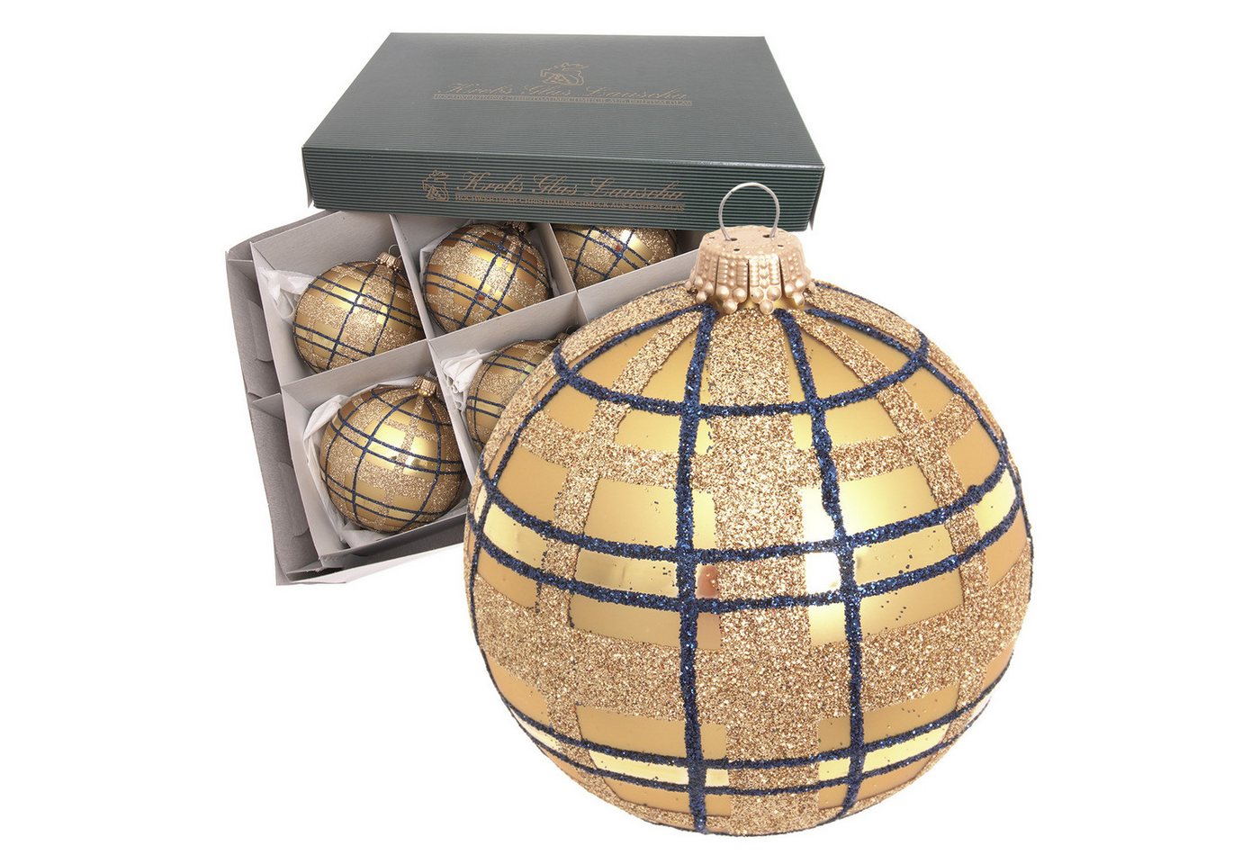 Krebs Glas Lauscha Weihnachtsbaumkugel 6er Set - Scottish Christmas - aus Glas gefertigt - ca. 8cm, edle und funkelnde goldene Kugeln im schottischen Design für den Baum von Krebs Glas Lauscha