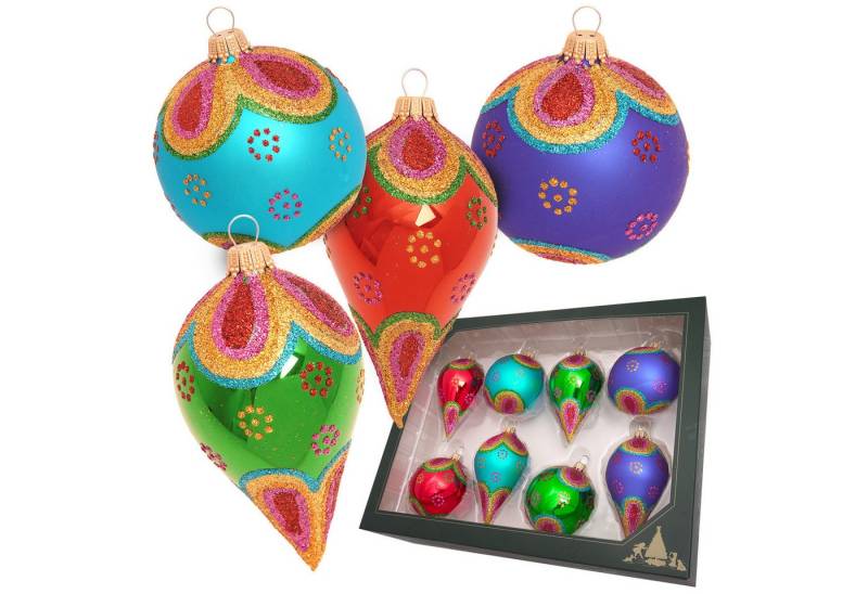 Krebs Glas Lauscha Weihnachtsbaumkugel 8er Set Sortiment - Kugeln und Tropfen - Flower Power - bunte Blumen, Glasdekoration für die weihnachtlichen Festtage - ca. 7-10cm von Krebs Glas Lauscha