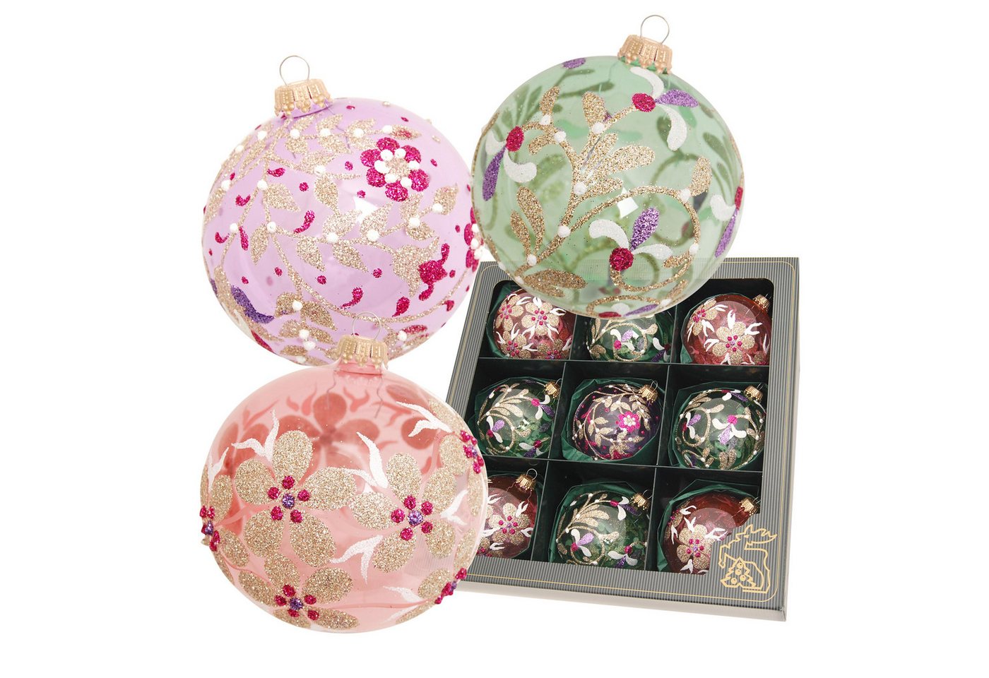 Krebs Glas Lauscha Weihnachtsbaumkugel 9er Set - Blumen mit bunten Kugeln - ca. 8cm - aus Glas, hochwertiges Kugelsortiment für eine festliche Weihnachtsdekoration von Krebs Glas Lauscha
