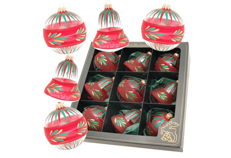 Krebs Glas Lauscha Weihnachtsbaumkugel 9er Set - Ilex (Christdorn) Rote Banderole mit Blättern - ca. 8cm, charmante Dekoration für den Weihnachtsbaum - aus Glas gefertigt von Krebs Glas Lauscha