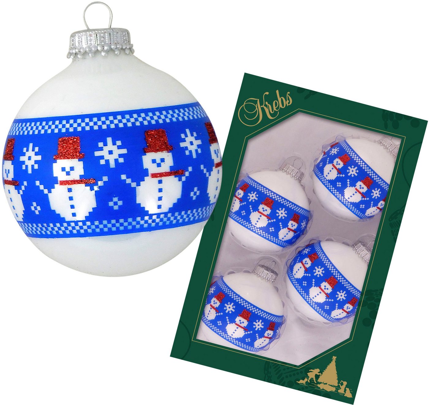 Krebs Glas Lauscha Weihnachtsbaumkugel Glaskkugeln mit "genähtem" Schneemann Band (4 St), Weihnachtsdeko, Christbaumschmuck, Christbaumkugeln aus Glas von Krebs Glas Lauscha