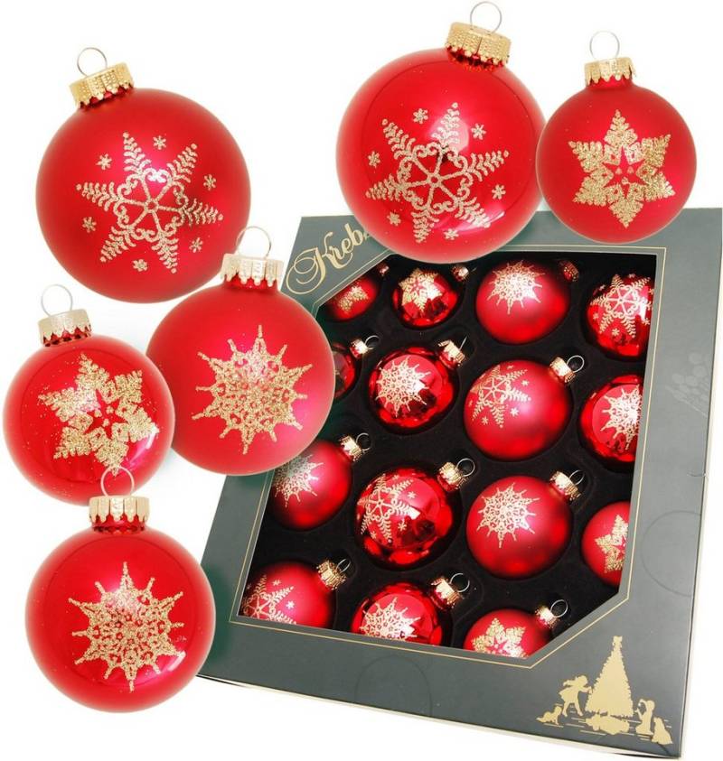 Krebs Glas Lauscha Weihnachtsbaumkugel Schneeflocke rot (16 St), Weihnachtsdeko, Christbaumschmuck, Christbaumkugeln aus Glas von Krebs Glas Lauscha