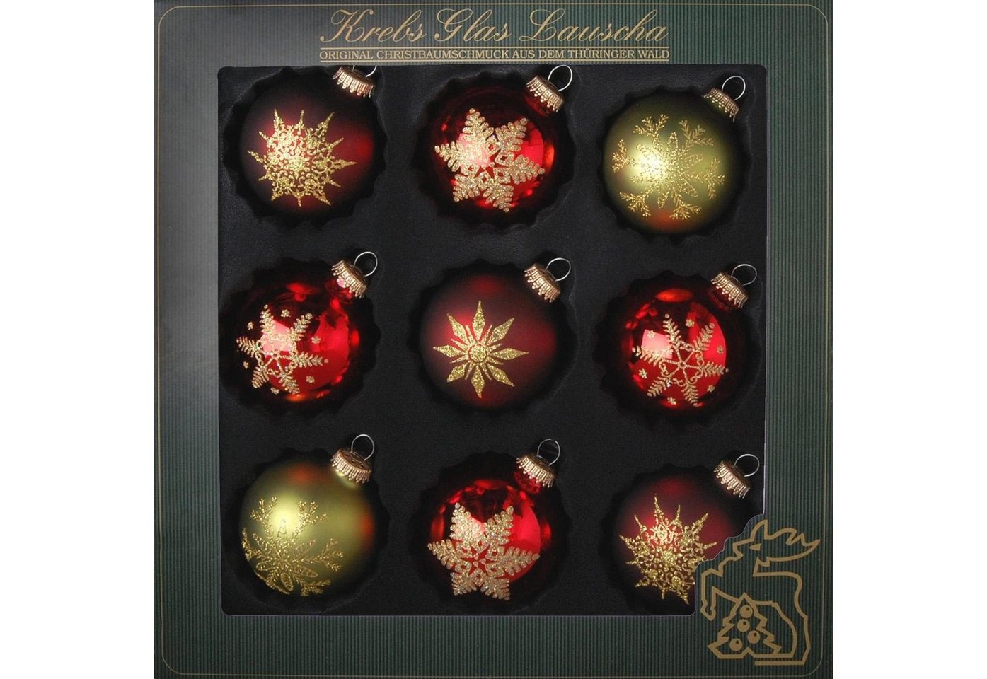 Krebs Glas Lauscha Weihnachtsbaumkugel Schneeflocken, Weihnachtsdeko rot, Christbaumschmuck (9 St), hochwertige Christbaumkugeln aus Glas, mundgeblasen, rot/grün von Krebs Glas Lauscha