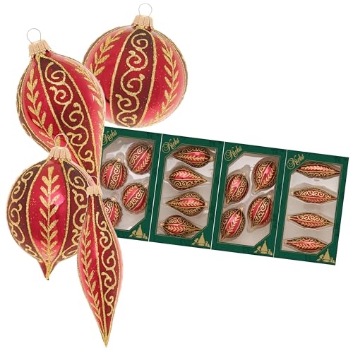 Krebs Glas Lauscha - Weihnachtsdekoration/Christbaumschmuck aus Glas - 4er Boxset je 4 Weihnachtsbaumanhänger - Motiv: Bordeaux Blätter und Wirbel - Größe: ca. 10 cm von Krebs Glas Lauscha