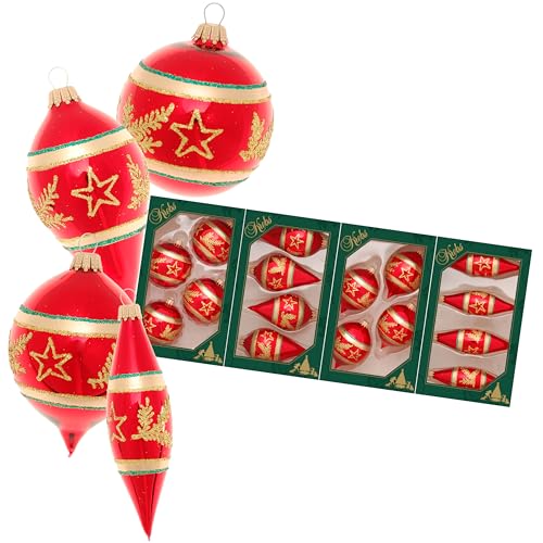 Krebs Glas Lauscha - Weihnachtsdekoration/Christbaumschmuck aus Glas - 4er Boxset je 4 Weihnachtsbaumanhänger - Motiv: Gold/Rot Stern und Tannenast - Größe: ca. 10 cm Krebs Glas Lauscha - Weihnachtsdekoration/Christbaumschmuck aus Glas - 4er Boxset je 4 Weihnachtsbaumanhänger - Motiv: Gold/Rot Stern und Tannenast - Größe: ca. 10 cm von Krebs Glas Lauscha