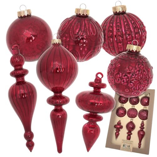 Krebs Glas Lauscha - Weihnachtsdekoration/Christbaumschmuck aus Glas - Antic Mercury Sortiment (Kugel, Kugel mit Struktur, Formen) - Menge: 9 Stück - Farbe: Rot - Größe: ca. 8 cm von Krebs Glas Lauscha