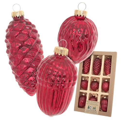 Krebs Glas Lauscha - Weihnachtsdekoration/Christbaumschmuck aus Glas - Antic Mercury Sortiment Zapfen/Eichel/Nuss - Menge: 9 Stück - Farbe: Rot - Größe: ca. 6-10 cm von Krebs Glas Lauscha