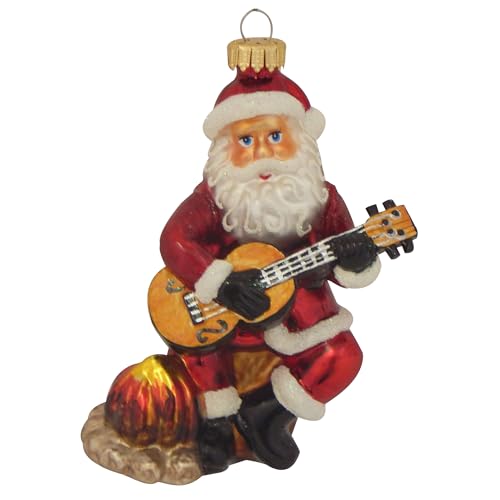 Krebs Glas Lauscha - Weihnachtsdekoration/Christbaumschmuck aus Glas - Gitarre spielender Weihnachtsmann - Farbe: Rot - Größe: ca. 11 cm von Krebs Glas Lauscha