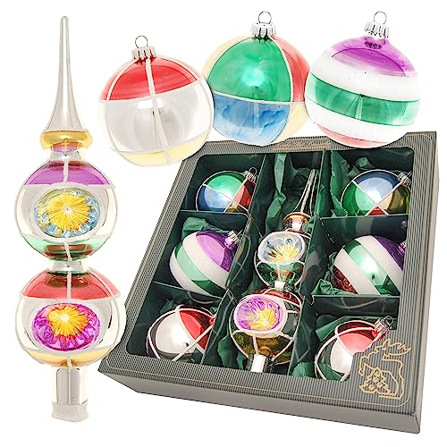 Krebs Glas Lauscha - Weihnachtsdekoration/Christbaumschmuck aus Glas - Glaskugelsortiment mit Dopplespitze - Motiv: Retro - Größe: 8 cm von Krebs Glas Lauscha