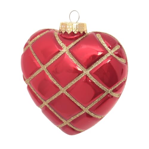 Krebs Glas Lauscha - Weihnachtsdekoration/Christbaumschmuck aus Glas - Herz mit Karo in Gold Glitter - Farbe: Apfel Rot - Größe: ca. 10 cm von Krebs Glas Lauscha