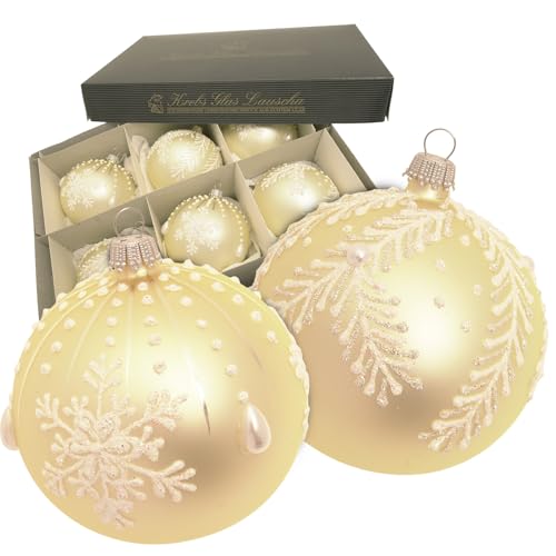 Krebs Glas Lauscha - Weihnachtsdekoration/Christbaumschmuck aus Glas - Kugel Floral & Schneeflocke - Farbe: Champagne Satin - Menge: 6 Stück - Größe: ca. 8 cm Krebs Glas Lauscha - Weihnachtsdekoration/Christbaumschmuck aus Glas - Kugel Floral & Schneeflocke - Farbe: Champagne Satin - Menge: 6 Stück - Größe: ca. 8 cm von Krebs Glas Lauscha