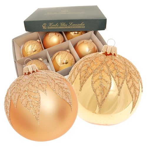 Krebs Glas Lauscha - Weihnachtsdekoration/Christbaumschmuck aus Glas - Kugel Satin Goldene Blätter - Farbe: Gold Glanz - Menge: 6 Stück - Größe: ca. 8 cm Krebs Glas Lauscha - Weihnachtsdekoration/Christbaumschmuck aus Glas - Kugel Satin Goldene Blätter - Farbe: Gold Glanz - Menge: 6 Stück - Größe: ca. 8 cm von Krebs Glas Lauscha