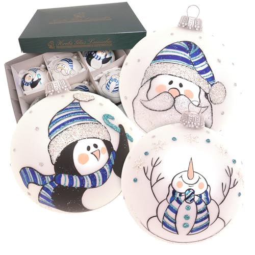 Krebs Glas Lauscha - Weihnachtsdekoration/Christbaumschmuck aus Glas - Kugel Schneemann, Santa & Pinguine - Farbe: Silber Satin - Menge: 6 Stück - Größe: ca. 8 cm von Krebs Glas Lauscha