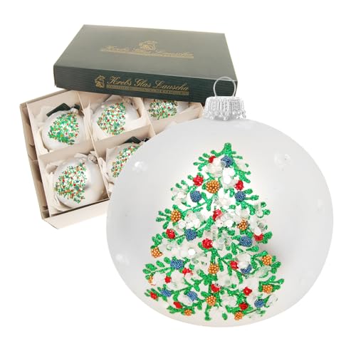 Krebs Glas Lauscha - Weihnachtsdekoration/Christbaumschmuck aus Glas - Kugel mit grünem Weihnachtsbaum - Farbe: Silber - Menge: 6 Stück - Größe: ca. 8 cm von Krebs Glas Lauscha