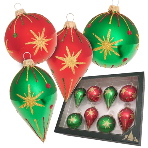 Krebs Glas Lauscha - Weihnachtsdekoration/Christbaumschmuck aus Glas - Kugel und Tropfen mit Bethlehem Stern Gold - Farbe: Rot und Grün - Größe: ca. 7-10 cm von Krebs Glas Lauscha