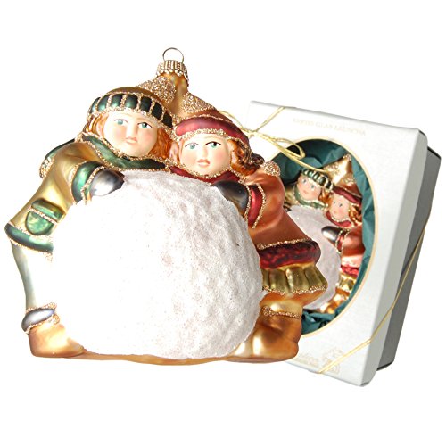 Krebs Glas Lauscha - Weihnachtsdekoration/Christbaumschmuck aus Glas - Multicolor Baumdekoration - Motiv: Emma und Emilio mit Schneeball - Größe: ca. 11 cm - Made in Germany von Krebs Glas Lauscha