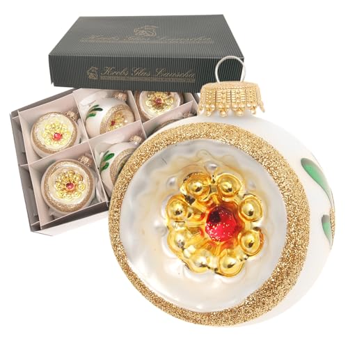 Krebs Glas Lauscha - Weihnachtsdekoration/Christbaumschmuck aus Glas - Reflektor Kugel mit grünem Blatt und Gold Glitter - Menge: 6 Stück - Farbe: Silber Satin - Größe: ca. 6,5 cm von Krebs Glas Lauscha