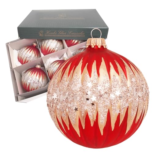 Krebs Glas Lauscha - Weihnachtsdekoration/Christbaumschmuck aus Glas - Riffelkugel - Farbe: Rot/Gold Satin - Menge: 6 Stück - Größe: ca. 8 cm von Krebs Glas Lauscha