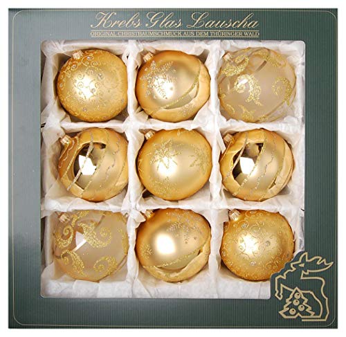 Krebs Glas Lauscha - Weihnachtsdekoration/Christbaumschmuck aus Glas - Satin-Glaskugelsortiment - Farbe: Gold - Inhalt: 9 Stück - Größe: ca. 10 cm Krebs Glas Lauscha - Weihnachtsdekoration/Christbaumschmuck aus Glas - Satin-Glaskugelsortiment - Farbe: Gold - Inhalt: 9 Stück - Größe: ca. 10 cm von Krebs Glas Lauscha