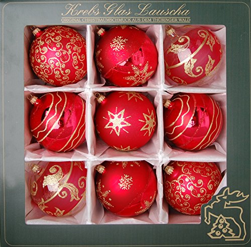 Krebs Glas Lauscha - Weihnachtsdekoration/Christbaumschmuck aus Glas - Satin-Glaskugelsortiment - Farbe: Rot - Inhalt: 9 Stück - Größe: ca. 10 cm von Krebs Glas Lauscha