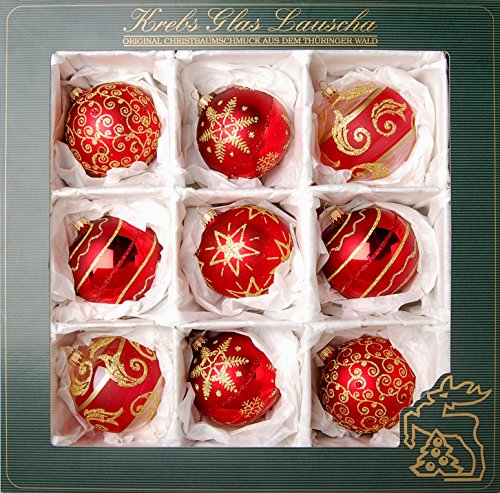 Krebs Glas Lauscha - Weihnachtsdekoration/Christbaumschmuck aus Glas - Satin-Glaskugelsortiment - Farbe: Rot - Inhalt: 9 Stück - Größe: ca. 8 cm von Krebs Glas Lauscha