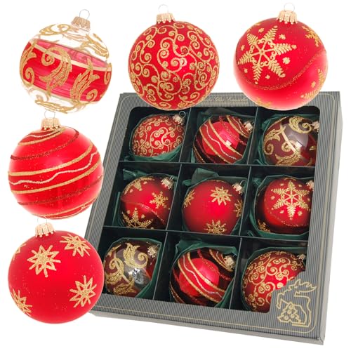 Krebs Glas Lauscha - Weihnachtsdekoration/Christbaumschmuck aus Glas - Satin-Glaskugelsortiment - Farbe: Rot - Inhalt: 9 Stück - Größe: ca. 8 cm von Krebs Glas Lauscha