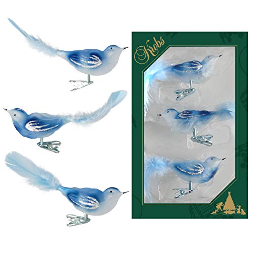 Krebs Glas Lauscha - Weihnachtsdekoration/Christbaumschmuck aus Glas - Vögel auf Clip - Farbe: blau transparent - 3 Stück - Größe: ca. 11 cm von Krebs Glas Lauscha