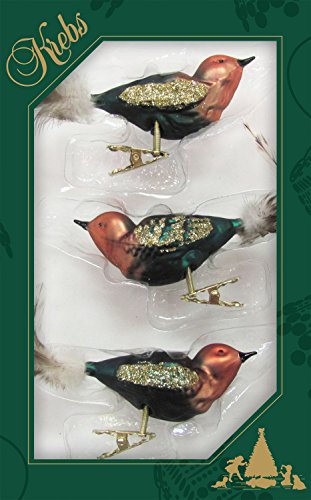 Krebs Glas Lauscha - Weihnachtsdekoration/Christbaumschmuck aus Glas - Vögel auf Clip - Farbe: grün/braun - 3 Stück - Größe: ca. 11 cm von Krebs Glas Lauscha