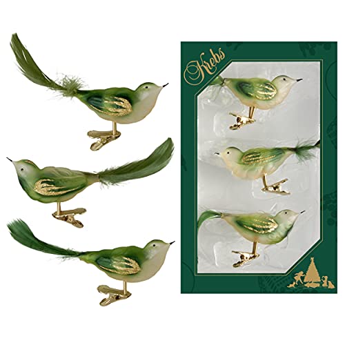 Krebs Glas Lauscha - Weihnachtsdekoration/Christbaumschmuck aus Glas - Vögel auf Clip - Farbe: grün transparent - 3 Stück - Größe: ca. 11 cm Krebs Glas Lauscha - Weihnachtsdekoration/Christbaumschmuck aus Glas - Vögel auf Clip - Farbe: grün transparent - 3 Stück - Größe: ca. 11 cm von Krebs Glas Lauscha