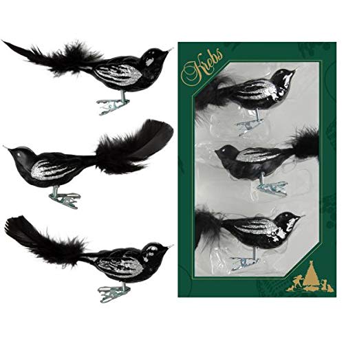 Krebs Glas Lauscha - Weihnachtsdekoration/Christbaumschmuck aus Glas - Vögel auf Clip - Farbe: schwarz - 3 Stück - Größe: ca. 11 cm von Krebs Glas Lauscha