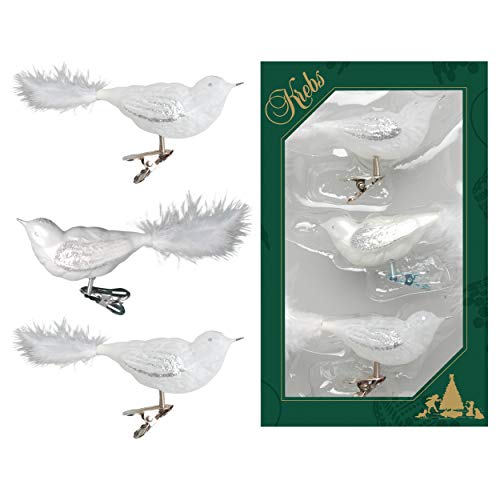 Krebs Glas Lauscha - Weihnachtsdekoration/Christbaumschmuck aus Glas - Vögel auf Clip - Farbe: weiß mit Eislack - 3 Stück - Größe: ca. 11 cm von Krebs Glas Lauscha