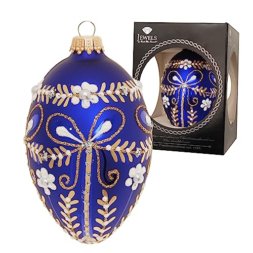 Krebs Glas Lauscha - Weihnachtsdekoration/Christbaumschmuck aus Glas - Weihnachtsbaumanhänger als Glas-Ei - Farbe: Blau Satin - Glitzernd Verziert mit Dekoperlen - Größe: 10 cm von Krebs Glas Lauscha