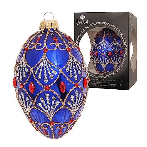 Krebs Glas Lauscha - Weihnachtsdekoration/Christbaumschmuck aus Glas - Weihnachtsbaumanhänger als Glas-Ei - Farbe: Blau glänzend - Glitzernd Verziert mit Strasssteinen - Größe: 10 cm von Krebs Glas Lauscha