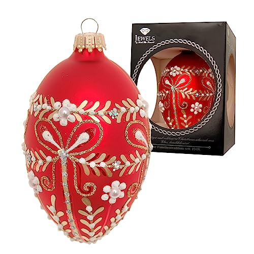 Krebs Glas Lauscha - Weihnachtsdekoration/Christbaumschmuck aus Glas - Weihnachtsbaumanhänger als Glas-Ei - Farbe: Rot Satin - Glitzernd Verziert mit Dekoperlen - Größe: 10 cm von Krebs Glas Lauscha